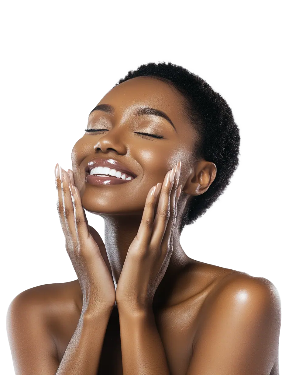 woman with glowing skin closing her eyes and smiling while showcasing her beautiful skin