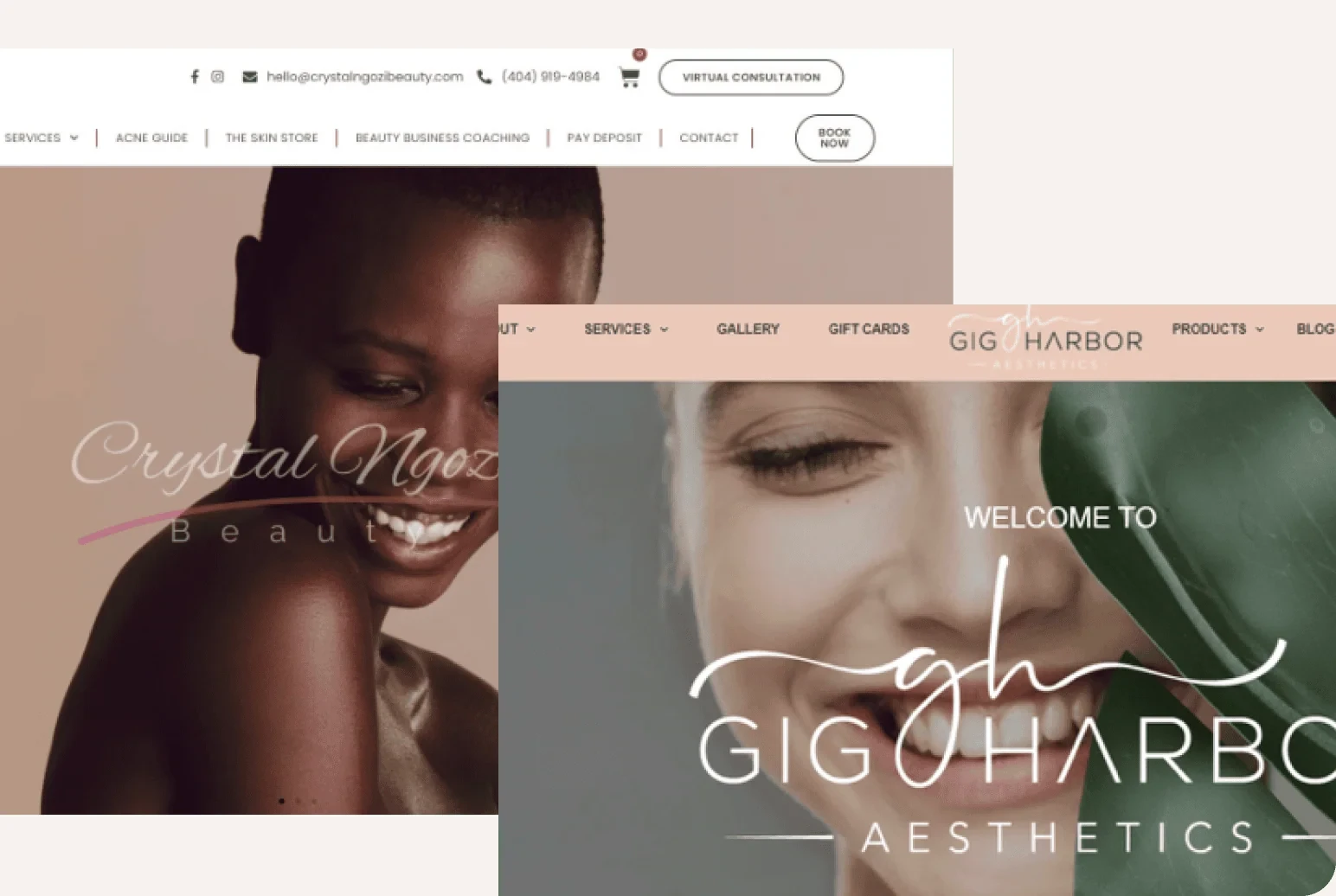 Gig Harbor Aesthetics and Crystal Ngozi Beauty websites with smiling models on both home pages