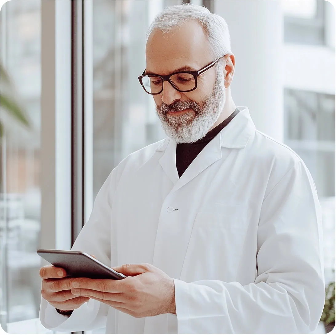 male doctor looking down at tablet and smiling