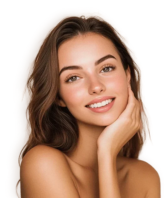 brunette woman looking at camera holding face with hand smiling