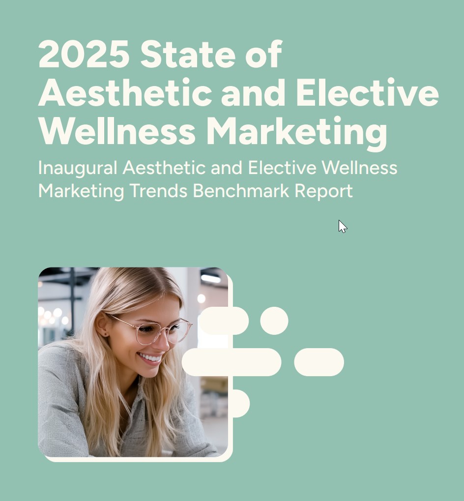 2025 state of aesthetic and elective wellness benchmark report cover, with blonde woman wearing peach glasses looking down at her computer and smiling