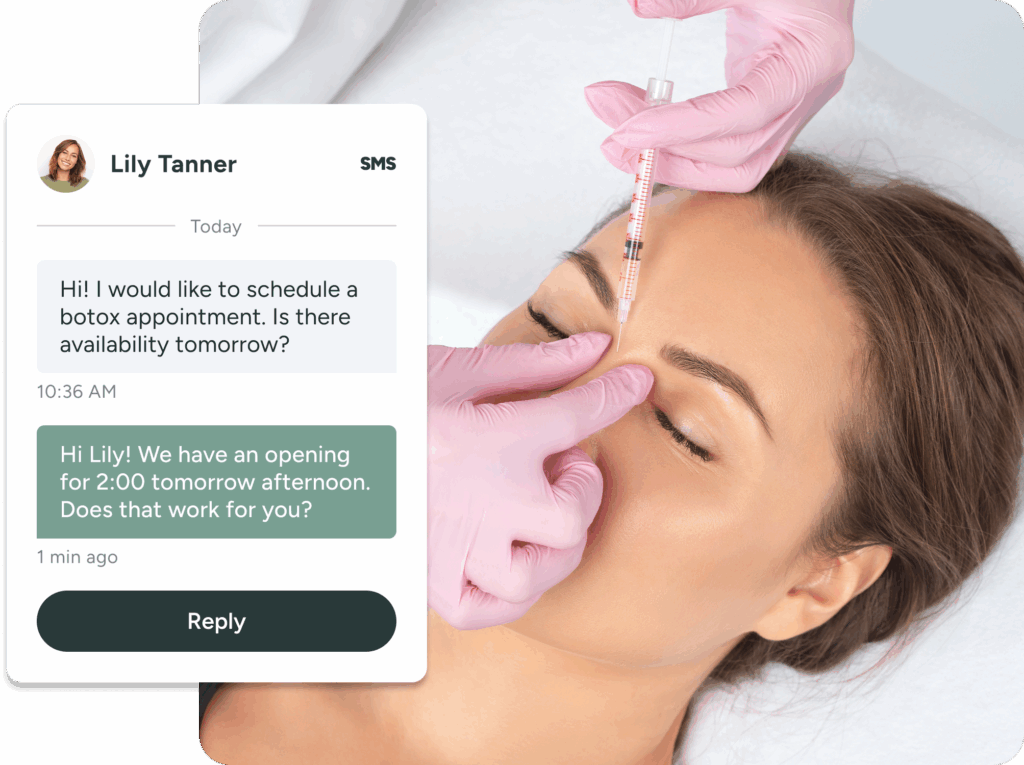injector injecting botox into forehead after engaging with client via text