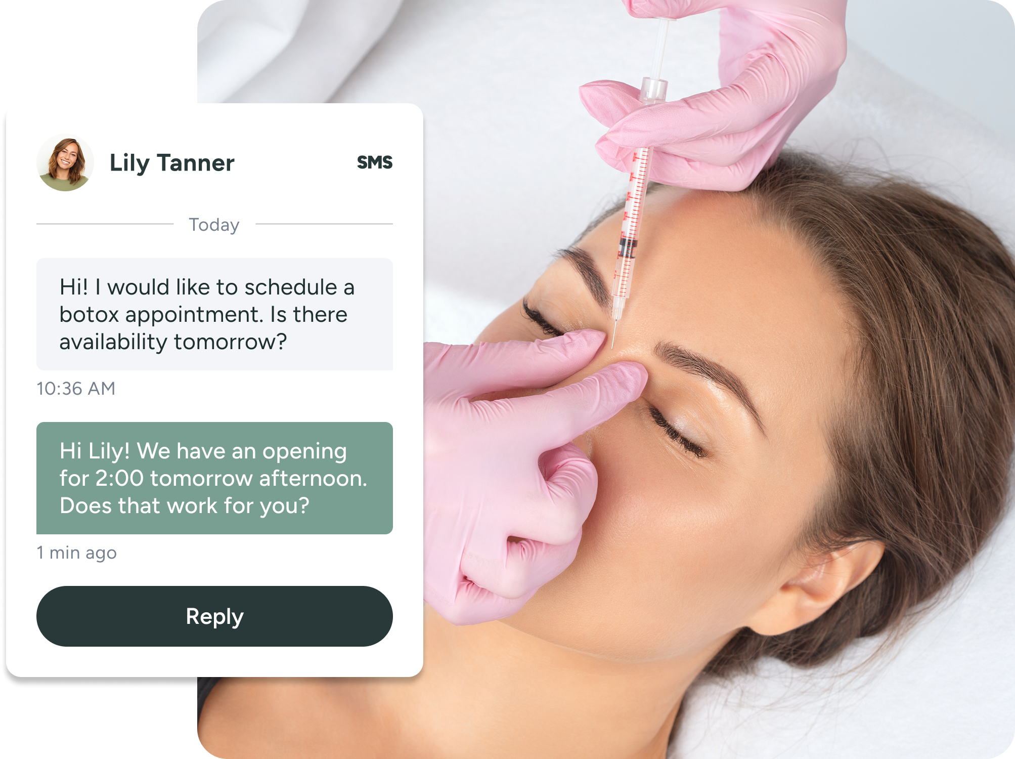 injector injecting botox into forehead after engaging with client via text