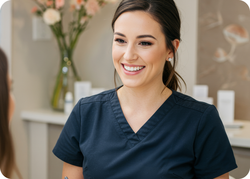 practice manager greeting patient at front desk smiling