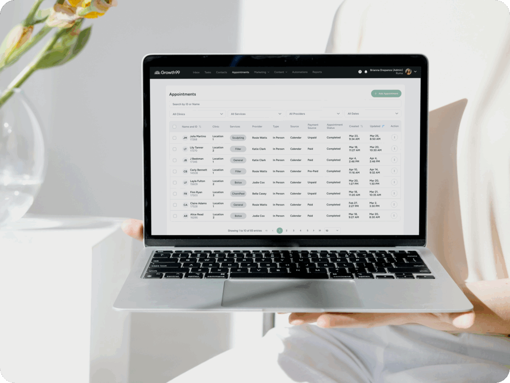 med spa owner showing camera a full list of leads in the Growth99 product